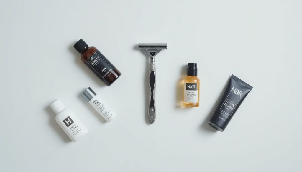 Grooming products arranged around razor