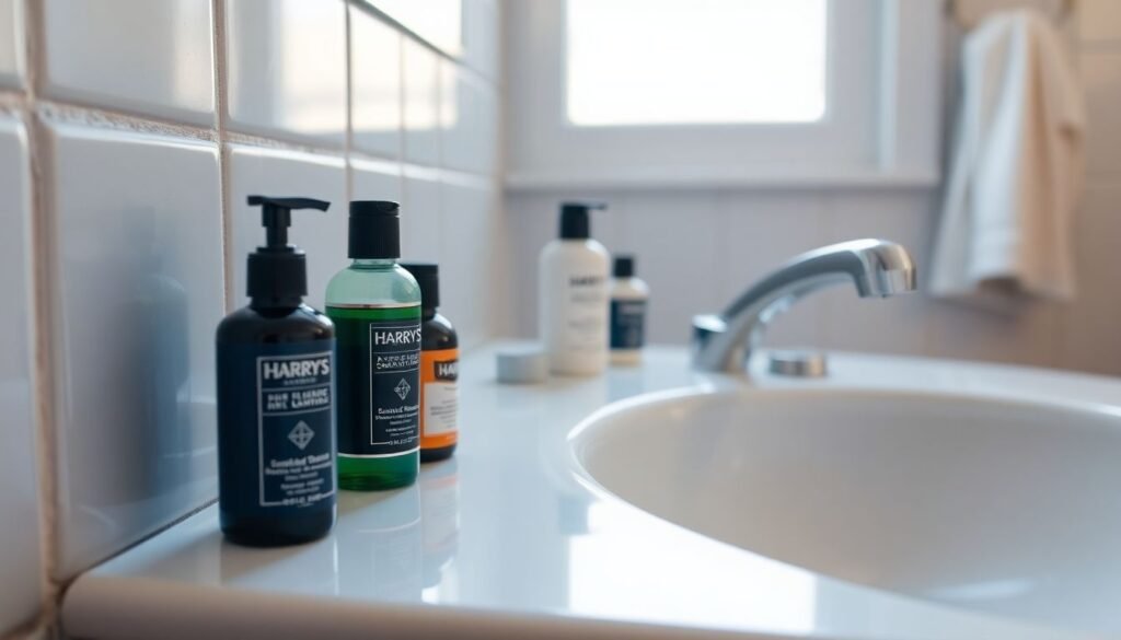 Bathroom sink with grooming products displayed.