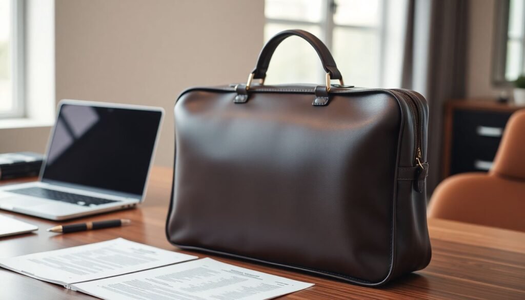 Stylish leather briefcase used by a professional man for daily work
