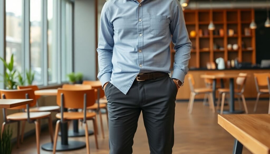 Smart casual chinos styled for a professional work setting

