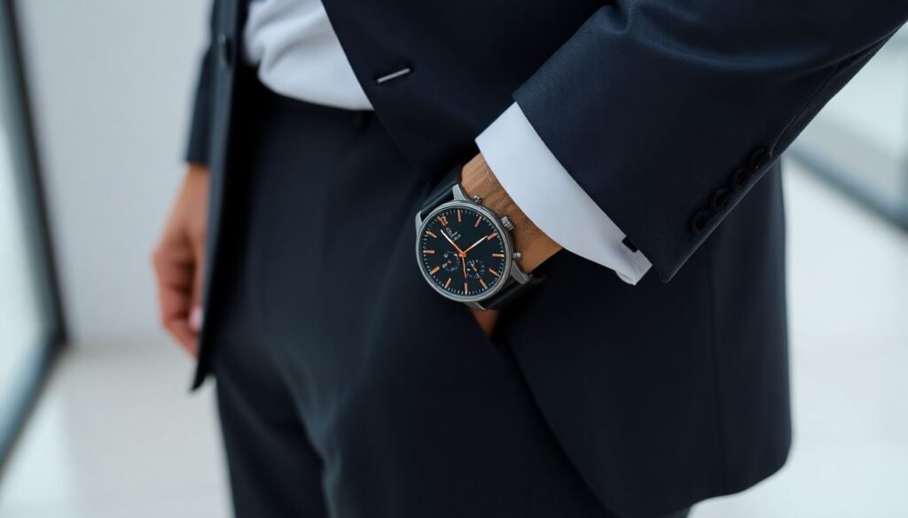 Minimalist watch worn by a professional man at work
