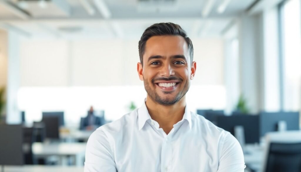 Crisp white dress shirt worn by a professional man in an office environment
